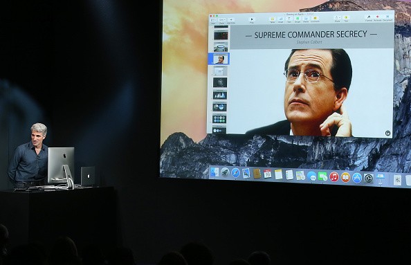 Apple's Senior Vice President of Software Engineering Craig Federighi speaks with talk show host Stephen Colbert via a conference call during an event introducing new iPads at Apple's headquarters on October 16, 2014 in Cupertino, California. 