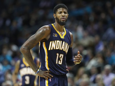 Paul George #13 of the Indiana Pacers reacts to a call during their game against the Charlotte Hornets at Spectrum Center on November 7, 2016 in Charlotte, North Carolina. 