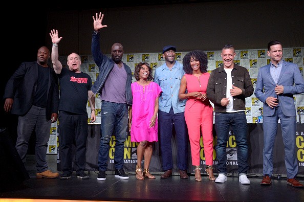 Writer/producer Cheo Hodari Coker, moderator Jeph Loeb, and actors Mike Colter, Alfre Woodard, Mahershala Ali, Simone Missick, Theo Rossi, and Frank Whaley attend Netflix/Marvel's 'Luke Cage' panel at Comic-Con International 2016 at San Diego Convention C
