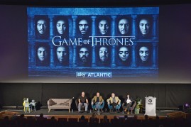 Weapons Master Tommy Dunne, Comedian Al Murray, Actor Ian McElhinney and Presenter Sue Perkins during Game of Thrones: From Page to Screen part of Advertising Week Europe 2016 day 4 at Picturehouse Central on April 21, 2016 in London, England.