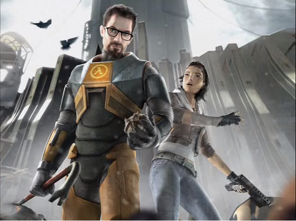 A promotional image for Half-Life 2 with heroes Gordon Freeman and Alyx Vance