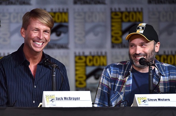 Actor Jack McBrayer (L) and writer/producer Steven Molaro attend the Inside 'The Big Bang Theory' Writers' Room during Comic-Con International 2016 in San Diego, California.