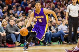 Jordan Clarkson #6 of the Los Angeles Lakers drives down the court during the first half against the Cleveland Cavaliers at Quicken Loans Arena on February 10, 2016 in Cleveland, Ohio.