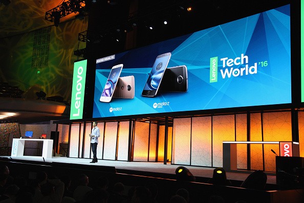 Seang Chau, Senior Vice President of Software Engineering for Motorola reveals the Moto Z Family and Moto Mods ecosystem at Lenovo Tech World at The Masonic Auditorium on June 9, 2016 in San Francisco