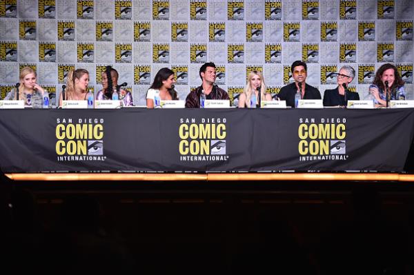Actors Abigail Breslin, Billie Lourd, Keke Palmer, Lea Michele, Taylor Lautner, Emma Roberts, John Stamos, Jamie Lee Curtis, and writer Ian Brennan attended the "Scream Queens" panel during Comic-Con International 2016 at San Diego Convention Center on Ju