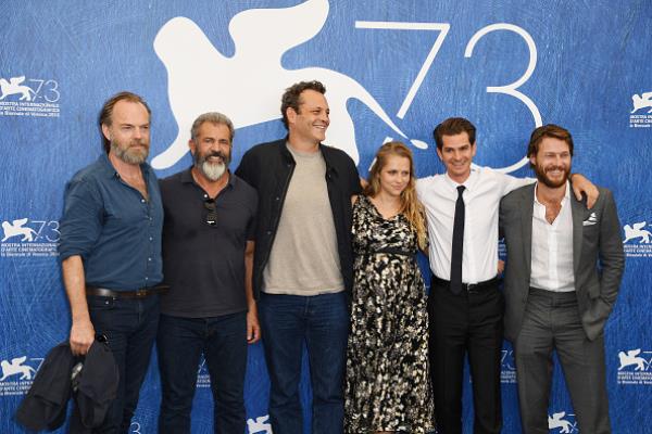 Actor Hugo Weaving, director Mel Gibson, actor Vince Vaughn, actress Teresa Palmer, actor Andrew Garfield and actor Luke Bracey attended a photocall for "Hacksaw Ridge" during the 73rd Venice Film Festival at Palazzo del Casino on September 4 in Venice, I