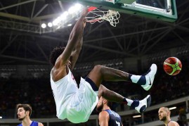 DeAndre Jordan #6 of United States dunks during a Men's Preliminary Round Group A game between the United States and France on Day 9 of the Rio 2016 Olympic Games.