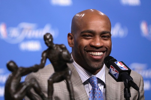 Vince Carter of the Memphis Grizzlies speaks with the media during a press conference after being awarded the 2015-16 Twyman-Stokes Teammate of the Year Award.