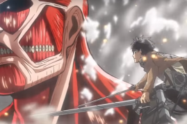 Eren faces a Colossal Titan.