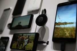 The new Google Chromecast and Nexus phones are on display during a Google media event.