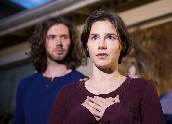 Amanda Knox speaks to the media during a brief press conference in Seattle, Washington. 