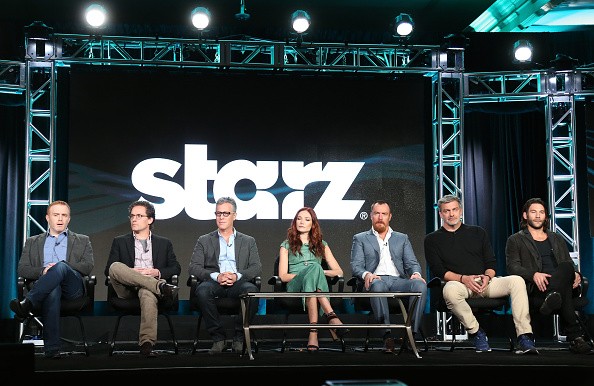 Executive Producers Jonathan E. Steinberg, Robert Levine and Brad Fuller and actors Clara Paget, Toby Stephens, Ray Stevenson and Zach McGowan speak onstage during the Black Sails panel.