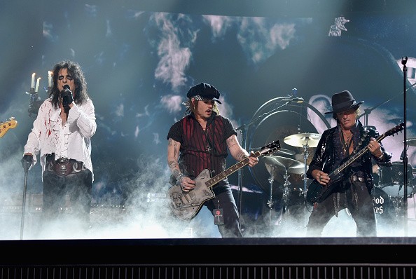 Singer Alice Cooper, actor/musician Johnny Depp, and musician Joe Perry of Hollywood Vampires performed onstage during The 58th GRAMMY Awards at Staples Center on February 15 in Los Angeles, California.
