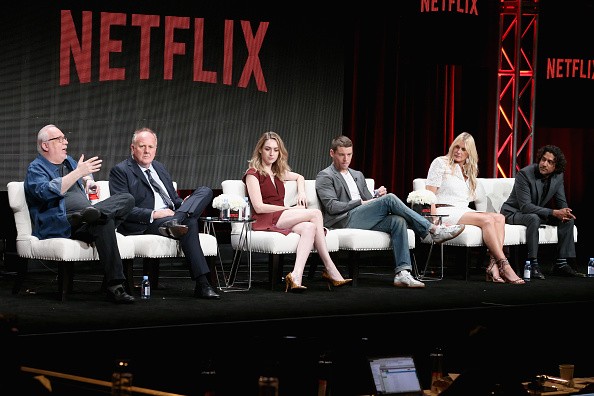 Co-creator/executive producer J. Michael Straczynski, executive producer Grant Hill, actors Jamie Clayton, Brian J. Smith, Daryl Hannah and Naveen Andrews speak onstage during the 'Sense8' panel discussion at the Netflix portion of the 2015 Summer TCA Tou