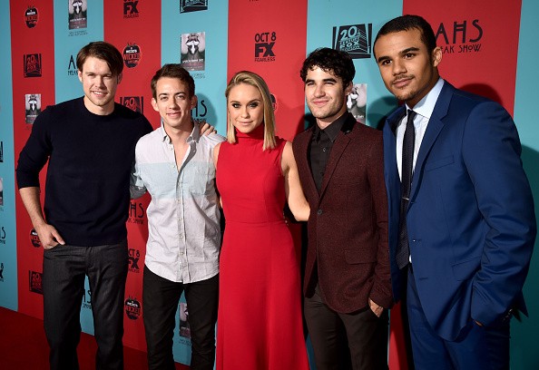 Actors Chord Overstreet, Kevin McHale, Becca Tobin, Darren Criss, and Jacob Artist attended the premiere screening of FX's “American Horror Story: Freak Show” at TCL Chinese Theatre on Oct. 5, 2014 in Hollywood, California.