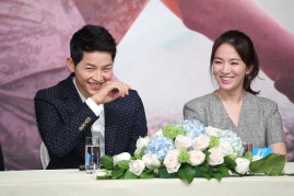 Actor Song Joong-ki and actress Song Hye-kyo attend television drama 'Descendants of the Sun' press conference on April 5, 2016 in Hong Kong, Hong Kong.