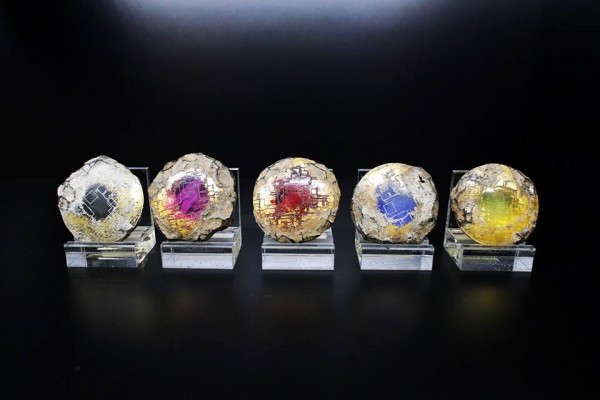 Power Rangers gems are on display. These gems are used during the heroes' metamorphosis.