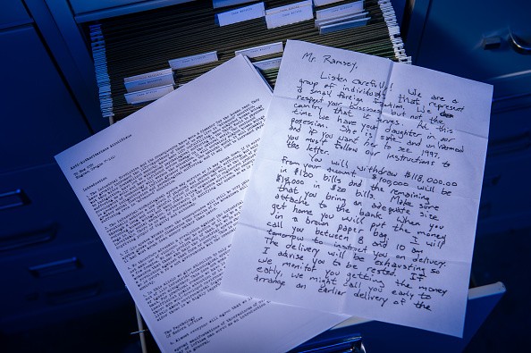 Reproduction writing samples from the UNABOMBER, the DC Sniper, and the Jonbenet Ramsey murder, all cases worked on by forensic linguist Jim Fitzgerald. 2014.