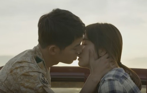 Song Joong Ki and Song Hye Kye in an intimate scene on "Descendants Of The Sun."
