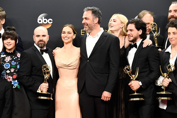 Cast and crew of “Game of Thrones,” winners of Best Drama Series, posed in the press room during the 68th Annual Primetime Emmy Awards at Microsoft Theater on Sept. 18 in Los Angeles, California.