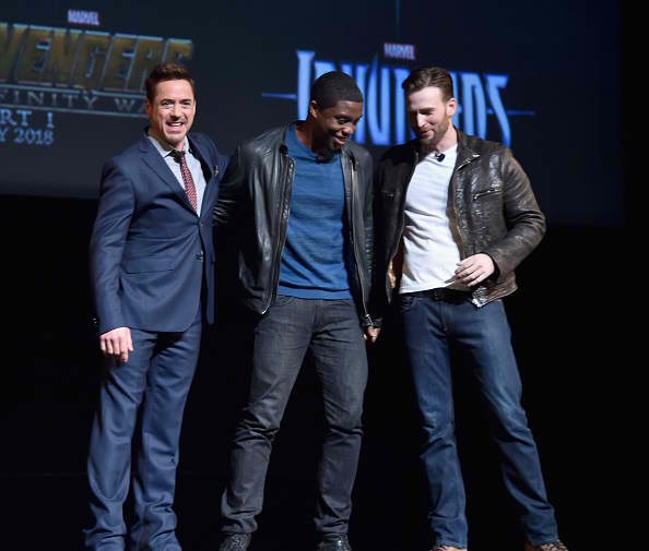 Actors Robert Downey Jr., Chadwick Boseman, and Chris Evans were onstage during Marvel Studios fan event at The El Capitan Theatre on Oct. 28, 2014 in Los Angeles, California. 