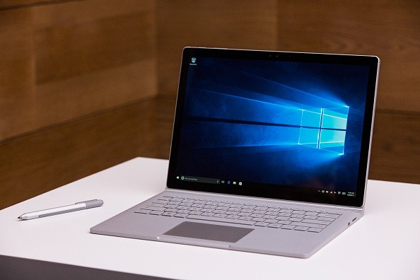 A new Microsoft Surface Book sits on display at a media event for new Microsoft products on October 6, 2015 in New York City. Microsoft also unveiled a virtual reality gaming head set titled the HoloLens, a tablet titled the Surface Pro 4 and a phone titl
