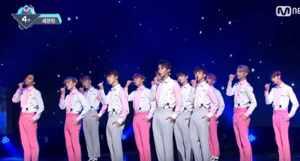 SEVENTEEN members perform "VERY NICE" during M Countdown in July.