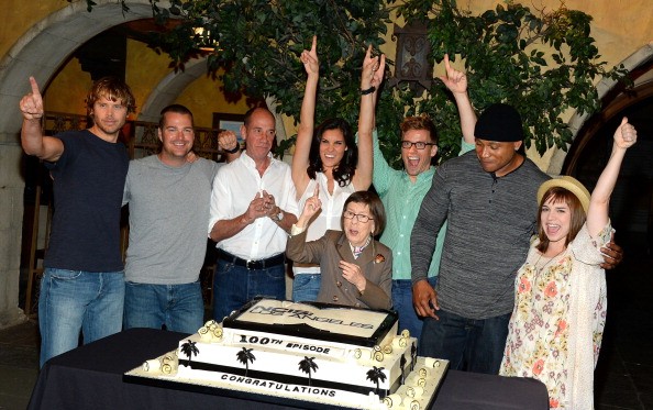 (L-R) Actors Eric Christian Olsen,Chris O'Donnell, Miguel Ferrer, Daniela Ruah, Linda Hunt, Barrett Foa, L.L. Cool J and Renee Felice Smith attend the CBS' 'NCIS: Los Angeles' celebrates the filming of their 100th episode held at Paramount Studios on Augu