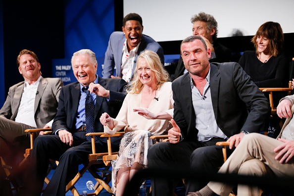 Actors Dash Mihok, Jon Voight, Paula Malcomson Liev Schreiber, (TP Row) Pooch Hall, Steven Bauer and Katherine Moennig laugh on stage at PaleyLive - An Evening With 'Ray Donovan' at The Paley Center for Media on July 26, 2016 in Beverly Hills, California.