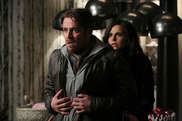 Sean Maguire as Robin Hood and Lana Parilla as Regina on Once Upon A Time.