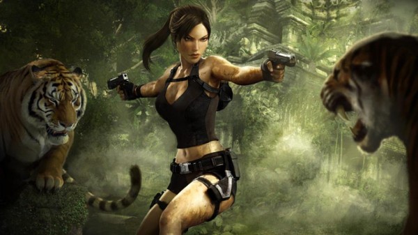 Lara Croft in Tomb Raider is faced with two tigers.