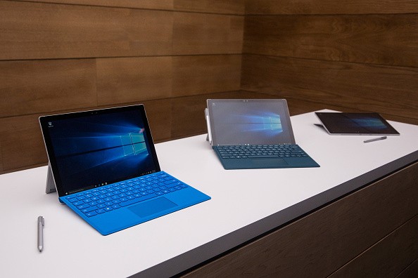 New Microsoft Surface Pro 4s sit on display at a media event for new Microsoft products on October 6, 2015 in New York City. 