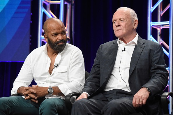 Actors Jeffrey Wright (L) and Sir Anthony Hopkins speak onstage during the 'Westworld' panel discussion at the HBO portion of the 2016 Television Critics Association Summer Tour.