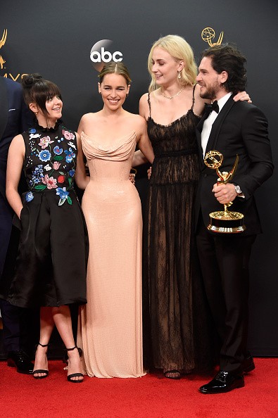 Actors Maisie Williams, Emilia Clarke, Sophie Turner and Kit Harington posed in the press room during the 68th Annual Primetime Emmy Awards at Microsoft Theater on Sept. 18 in Los Angeles, California. 