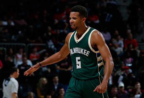 Michael Carter-Williams of the Milwaukee Bucks reacts after a basket in their 117-109 win over the Atlanta Hawks at Philips Arena on February 20, 2016 in Atlanta, Georgia. 