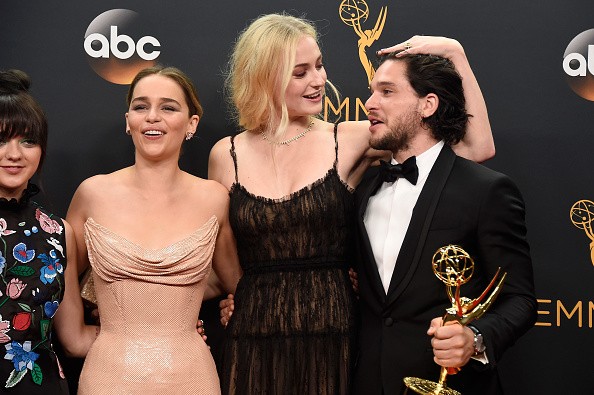 Actors Maisie Williams, Emilia Clarke, Sophie Turner and Kit Haringtonpose in the press room during the 68th Annual Primetime Emmy Awards.