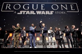  (L-R) Kiri Hart, Mads Mikkelsen, Kathleen Kennedy, Forest Whitaker, Alan Tudyk, Donnie Yen, Felicity Jones, Riz Ahmed, Diego Luna and Ben Mendelsohn on stage during the Rogue One Panel at the Star Wars Celebration 2016 at ExCel on July 15, 2016 in London