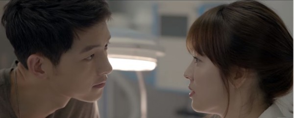 South Korean actors Song Joong Ki and Song Hye Kyo in an intimate scene in the hit drama 'Descendants of the Sun'