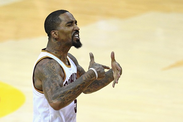 J.R. Smith of the Cleveland Cavaliers reacts against the Golden State Warriors in Game 6 of the 2016 NBA Finals at Quicken Loans Arena on June 16, 2016 in Cleveland, Ohio. 