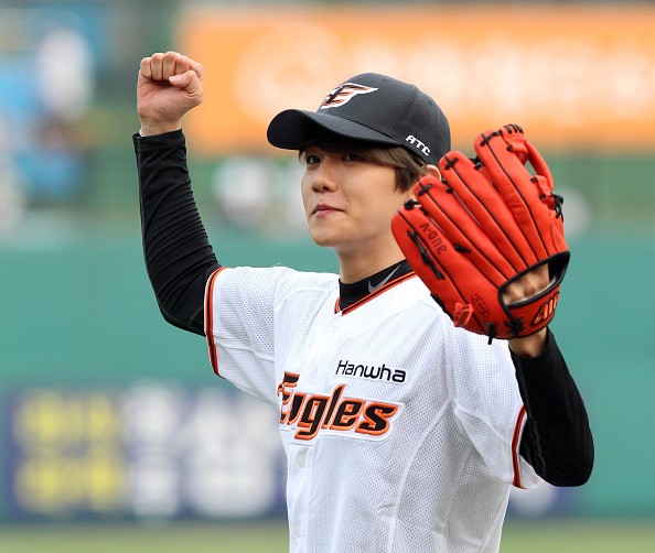EXO's Baekhyun during the game between Hanwha Eagles VS SK Wyverns at Eagles Park in Seoul.