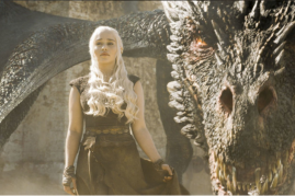 The Queen of Dragon, Daenerys Targaryen is seen with one of her dragons in Game of Thrones.