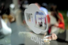 A wifi logo is pictured during the 2014 Mobile World Congress in Barcelona on February 26, 2014 