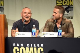 (L-R) Director Tim Miller, actor and actor Ryan Reynolds from 'Deadpool' speak onstage at the 20th Century FOX panel during Comic-Con International 2015.