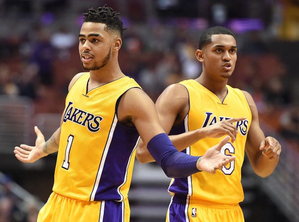 Los Angeles Lakers players D'Angelo Russell (L) and Jordan Clarkson