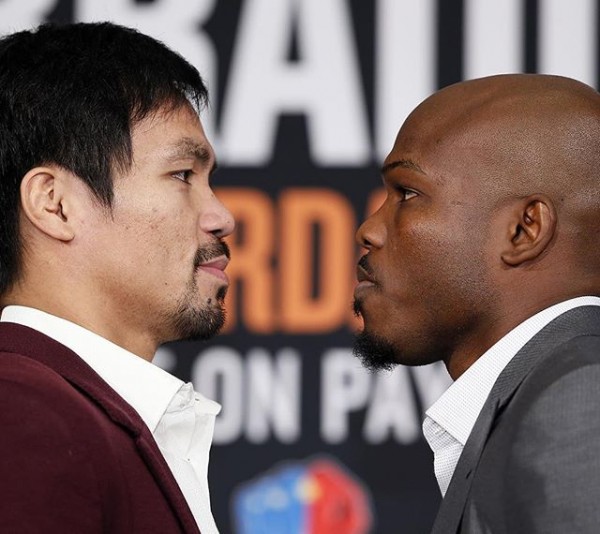 Manny Pacquiao and Timothy Bradley at the presscon for their upcoming fight on April 9.