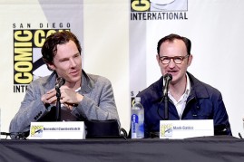 Actor Benedict Cumberbatch (L) and actor/writer/producer Mark Gatiss attend the 'Sherlock' panel during Comic-Con International 2016.