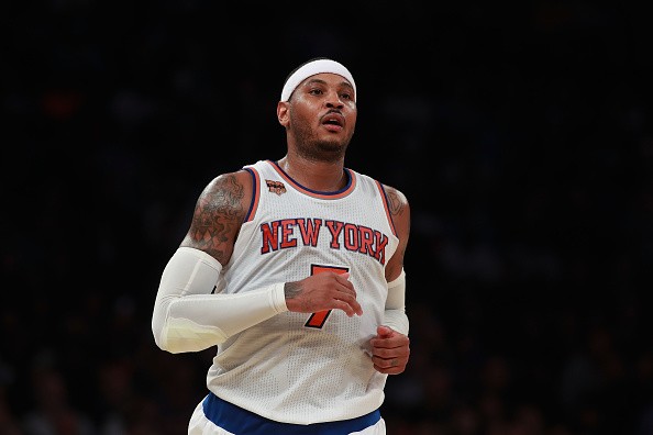 Carmelo Anthony #7 of the New York Knicks in action against the Brooklyn Nets during the second half at Madison Square Garden on November 9, 2016 in New York City. 	