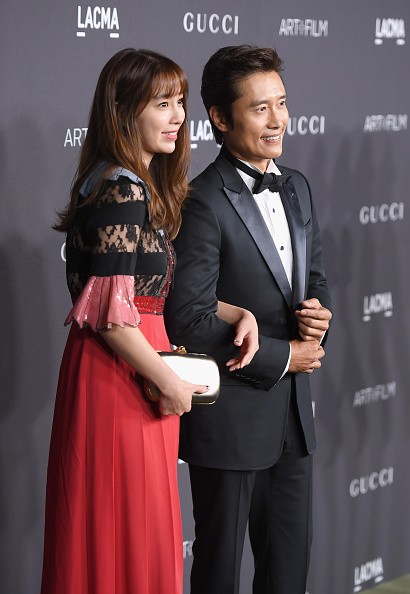 South Korean power couple Lee Min Jung and husband Lee Byung Hun during the 2016 LACMA Art + Film Gala Honoring Robert Irwin and Kathryn Bigelow Presented By Gucci at LACMA.