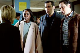 Michaela (Aja Naomi King), Oliver (Conrad Ricamora) and Asher (Matt McGorry) seek answers from Bonnie (Liza Weil) as to who is dead.