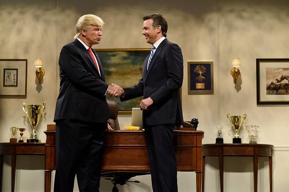 (Left to Right) Alec Baldwin as Donald Trump and Jason Sudeikis as Mitt Romney during the 'Donald Trump Prepares Cold Open' sketch on November 19, 2016